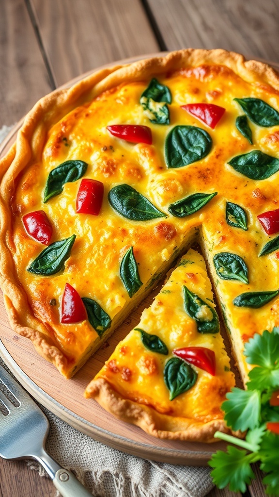 A slice of flourless vegetable quiche with spinach and bell peppers, served on a wooden table with a salad.